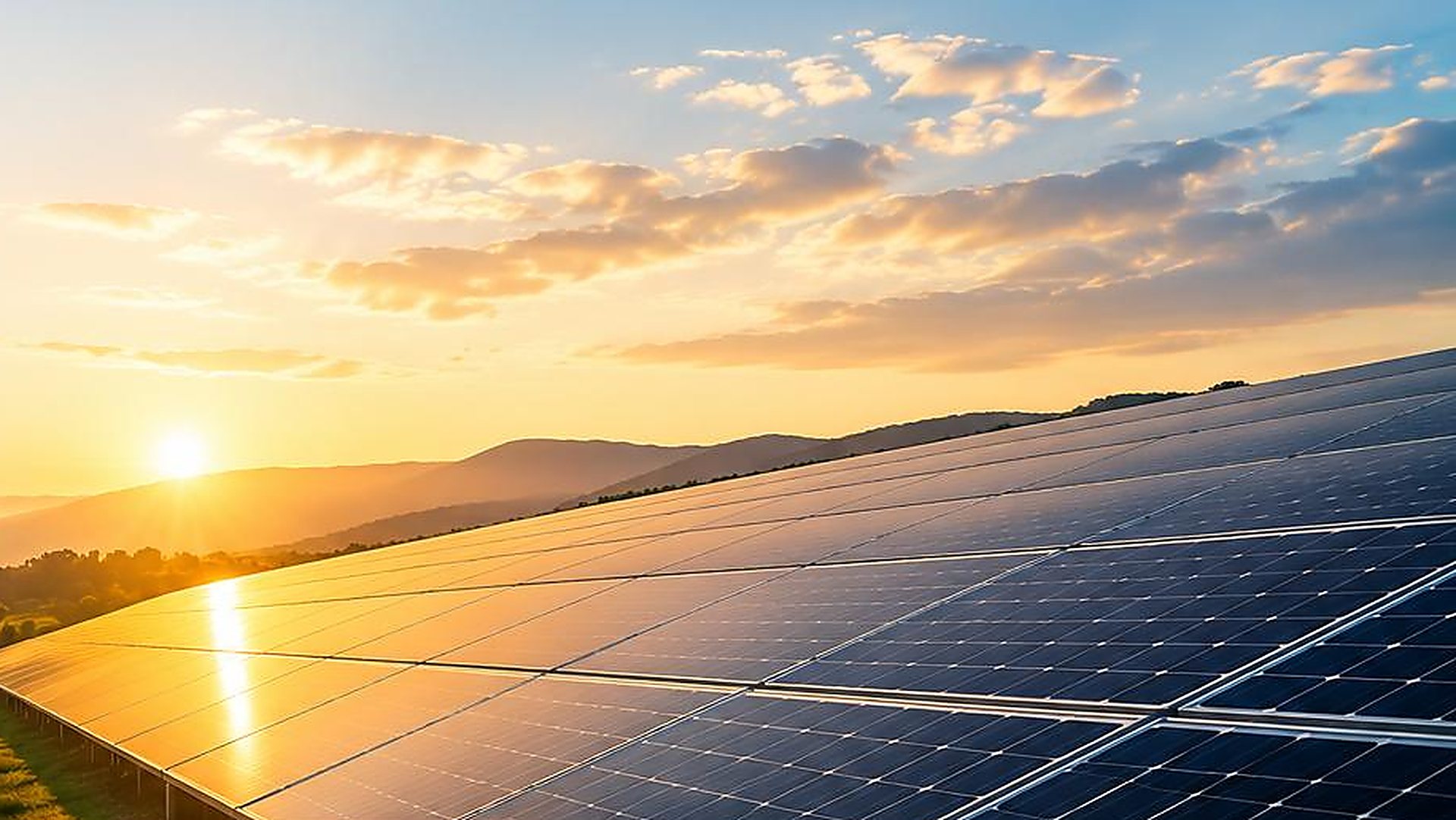 Gün batımında güneş enerjisi santrali panelleri